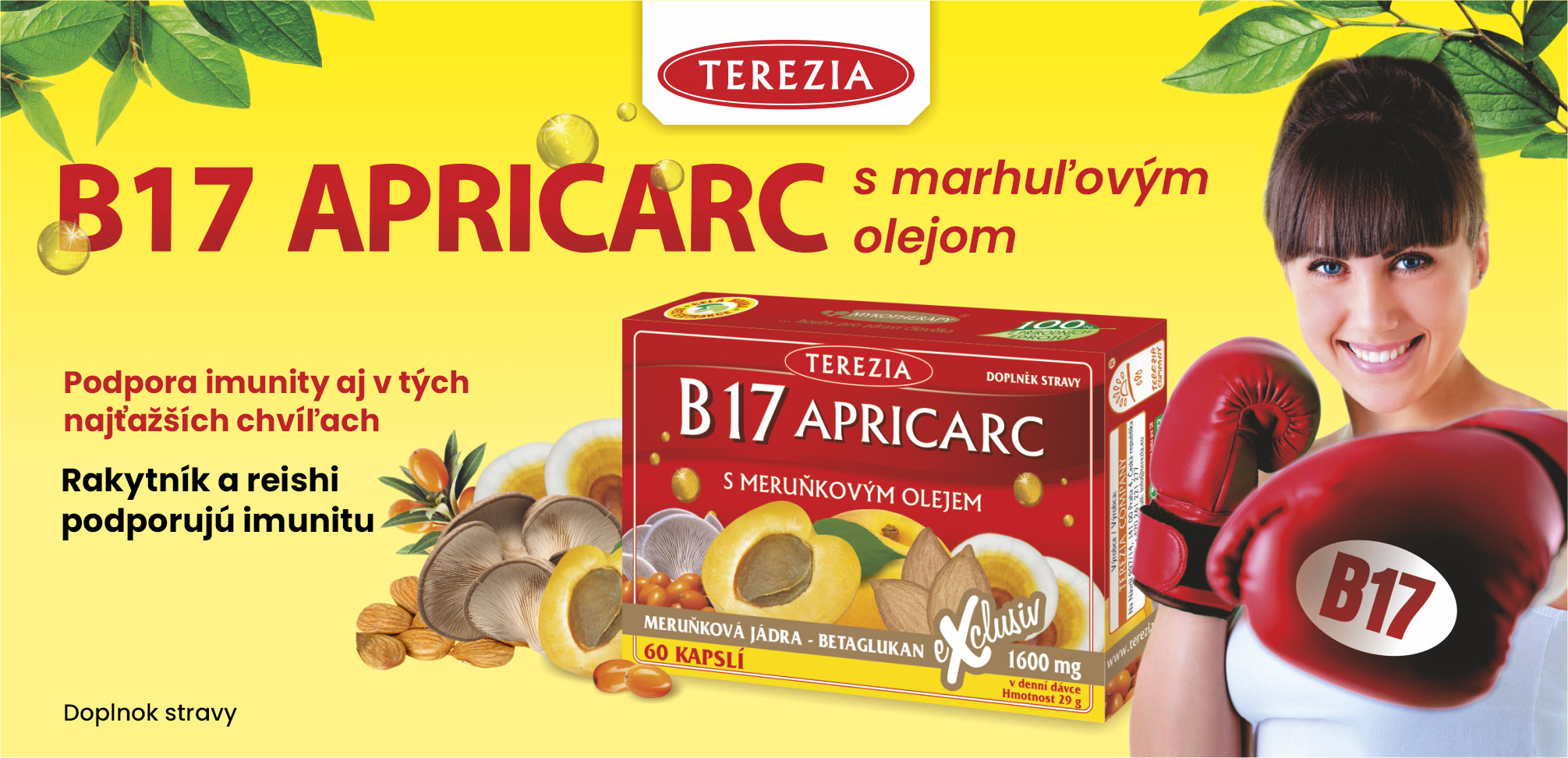 Terezia, B17 APRICARC, silná kombinácia prípravku, podporuje organizmus, Dopĺňa telu potrebné látky, obranyschopnosť, obehový systém, metabolizmus, činnosť srdca, únava, zdravá pokožka, tráviaci trakt, hliva ustricová, marhuľový olej