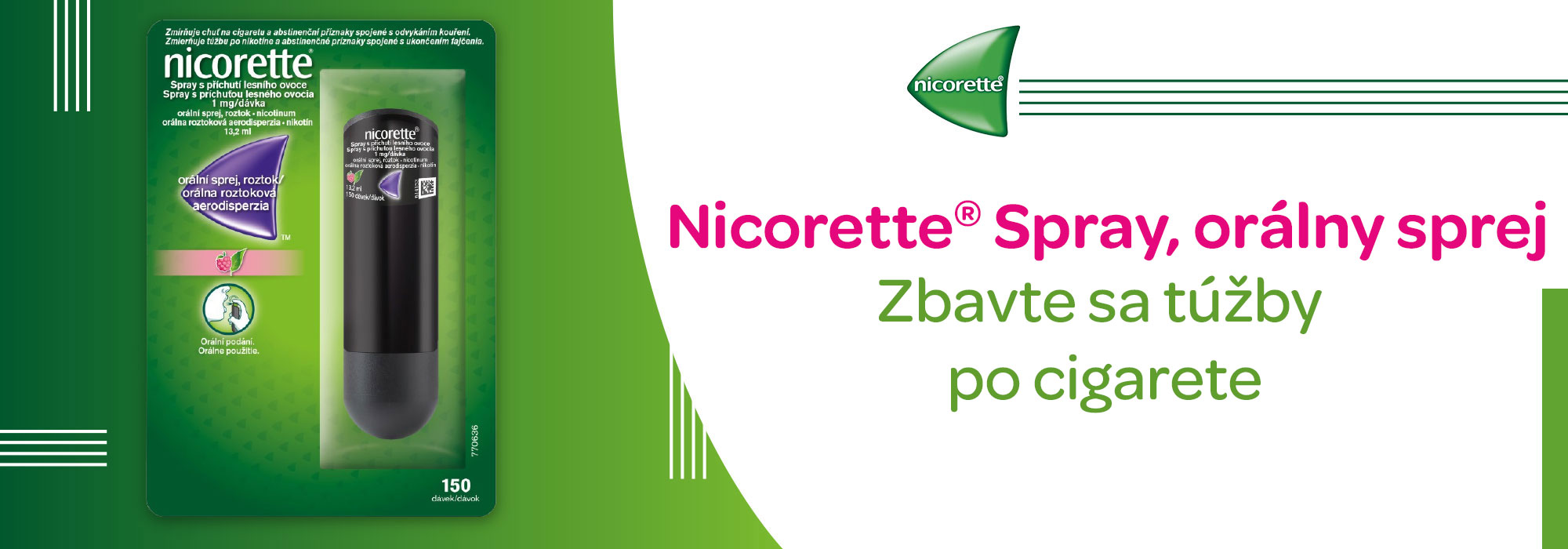 Nicorette, orálny sprej, obmedzuje chuť na cigaretu, prestaňte fajčiť s účinným sprejom Nicorette, príjemná chuť lesného ovocia