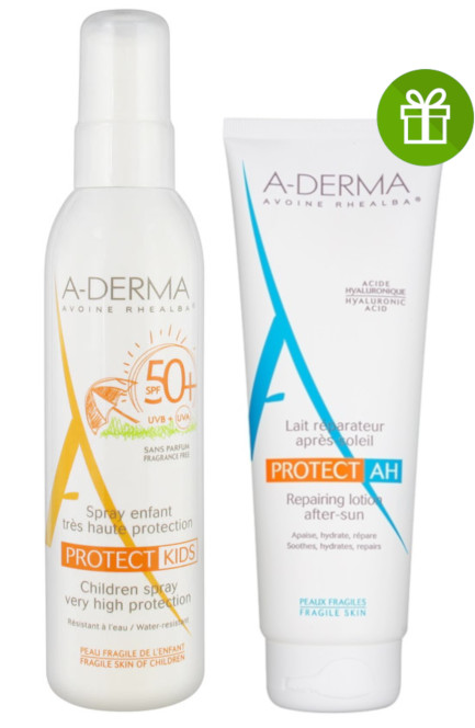 Obrázok A-DERMA PROTECT KIDS SPRAY SPF50+ (Akcia) sprej pre deti 200 ml + (PROTECT AH mlieko po opaľovaní 100 ml + taštička) 1x1 set