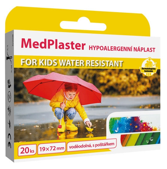 Obrázok MedPlaster Náplasť FOR KIDS WATER RESISTANT 19x72 mm, vodeodolná s vankúšikom, pre deti 1x20 ks