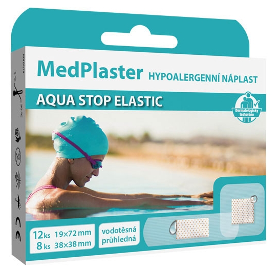 Obrázok MedPlaster Náplasť AQUA STOP ELASTIC (19x72 mm a 38x38 mm) vodeodolná s vankúšikom 1x20 ks