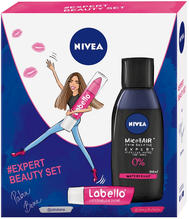 Obrázok Nivea MicellAIR Expert Waterproof pre ženy dvojfázová micelárna voda 200 ml + balzam na pery v ceruzke Labello 3 g Hot Pink + balzam na pery Labello 4,8 g Watermelon Shine