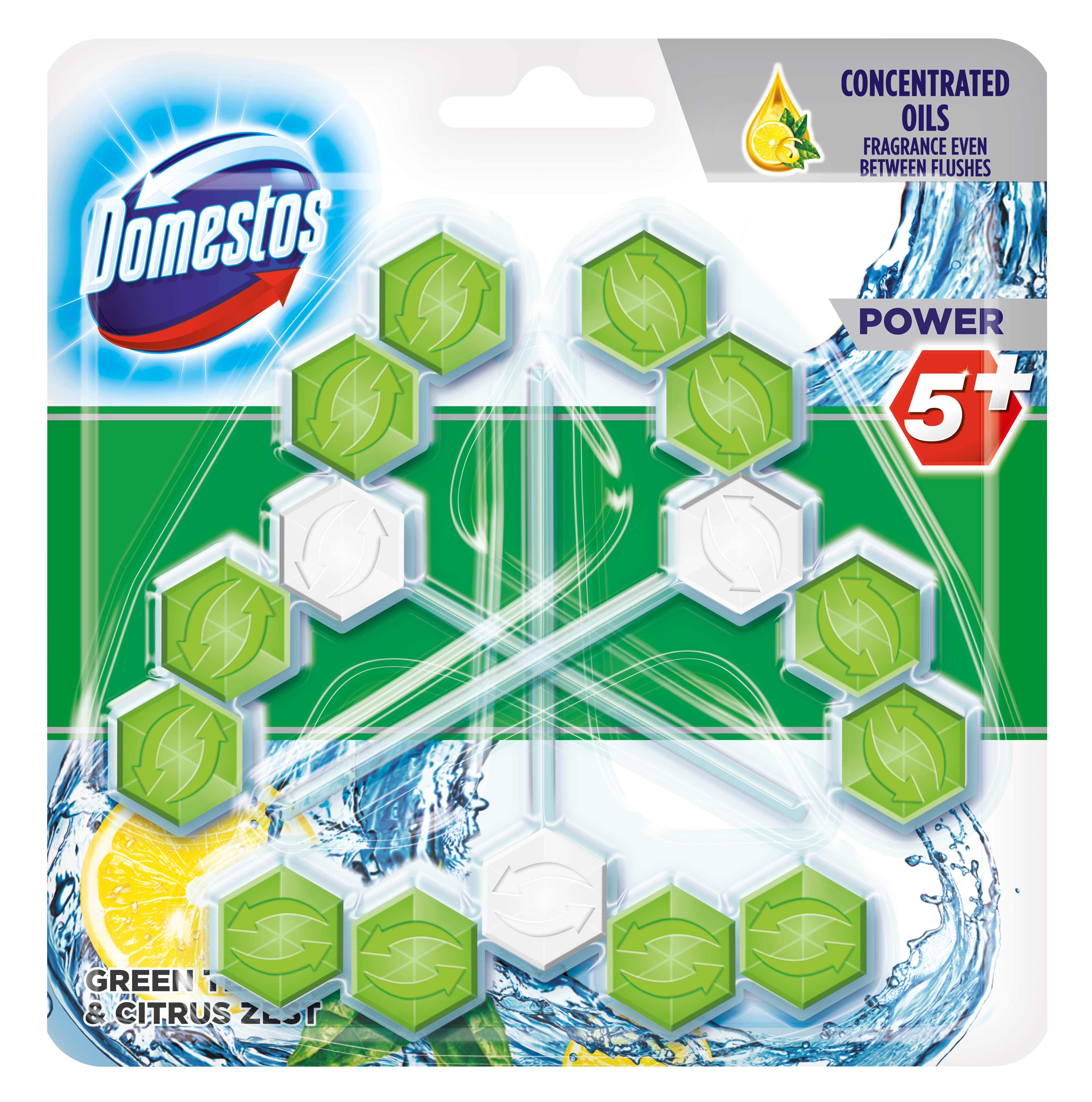 Obrázok DOMESTOS Power 5 Green Tea & Citrus tuhý WC blok (3x55 g)