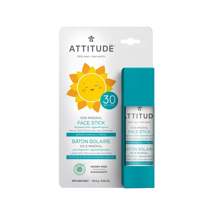 Obrázok  Attitude Tyčinka detská ochranná 100% minerálna na pery a tvár bez vône SPF 30 18,4g Attitude 