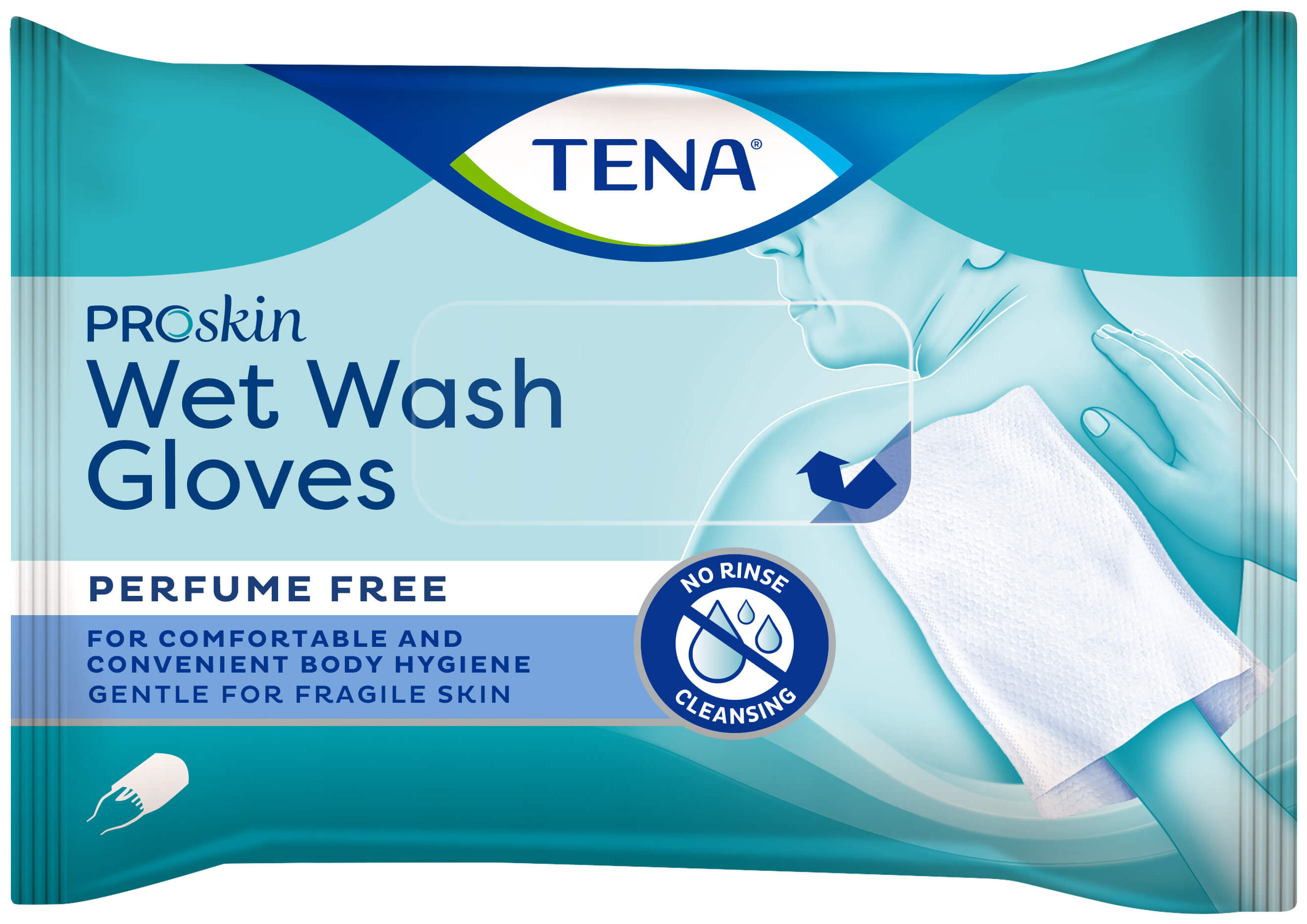 Obrázok TENA Wet Wash Gloves vlhčené rukavice na umývanie, neparfumované, 1x8 ks