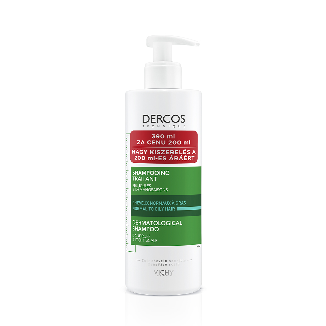 Obrázok VICHY DERCOS ANTI-DANDRUFF GREASY šampón proti lupinám, normálne až mastné vlasy (verzia 2019) (390 ml za cenu 200 ml) 1x390 ml