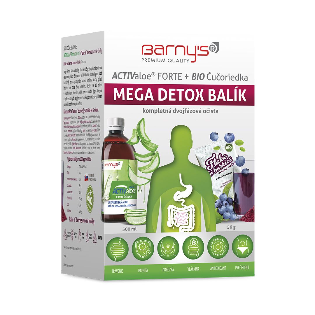 Obrázok Barny's ACTIValoe Forte+BIO Čučoriedka MEGA DETOX 1×1 set, gél 500 ml + ovocné vločky 7×8 g