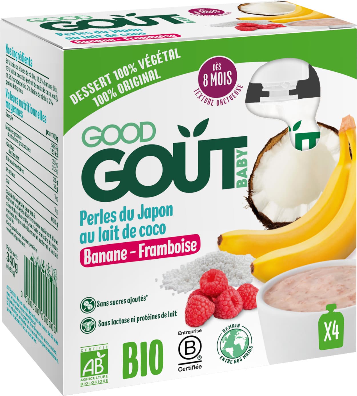 Obrázok Good Gout BIO Kokosový dezert s tapiokou, malinou a banánom (4× 85 g) (3760269313002)