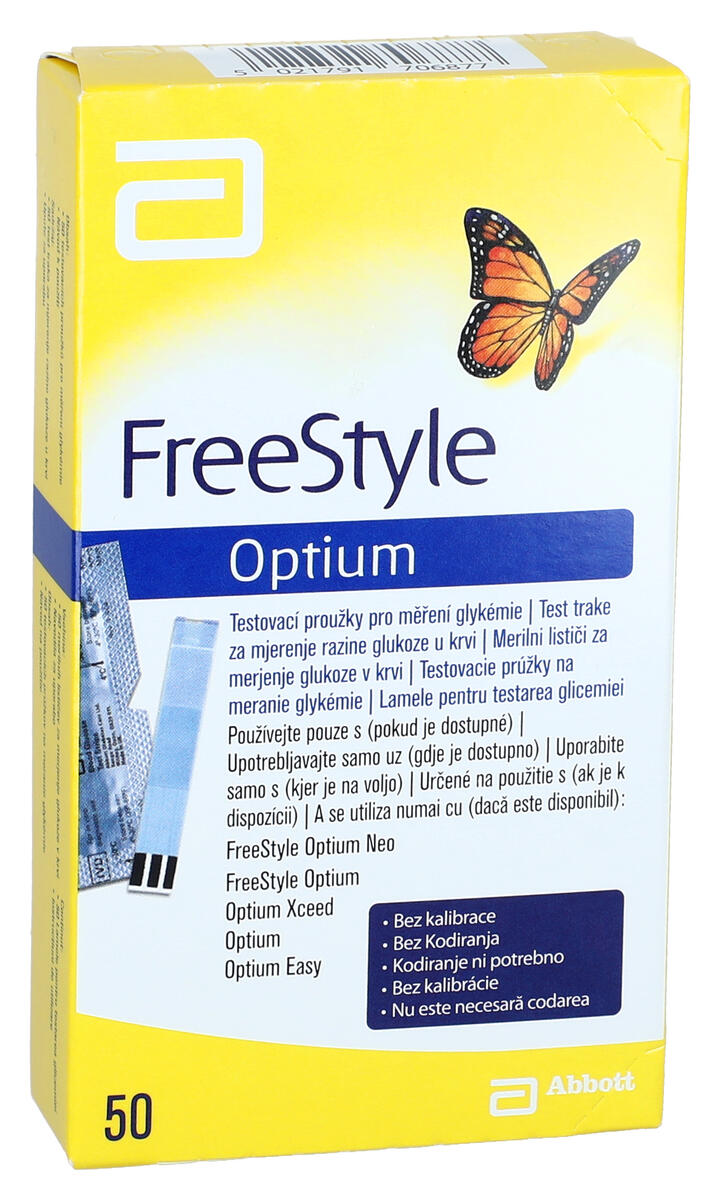 Obrázok TESTOVACIE PRÚŽKY FREE STYLE OPTIUM 1×50 ks, meranie glukózy v krvi